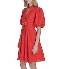 Eliza J Ruffle Stand Collar Short Puff Sleeve Emrboidered Cotton Fit & Flare Dress