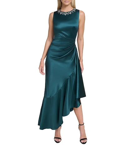 Eliza J Satin Beaded Neck Asymmetrical Sheath Dress