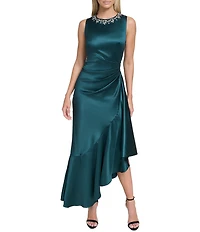 Eliza J Satin Beaded Neck Asymmetrical Sheath Dress