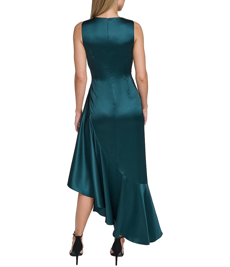 Eliza J Satin Beaded Neck Asymmetrical Sheath Dress