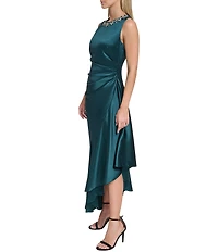 Eliza J Satin Beaded Neck Asymmetrical Sheath Dress