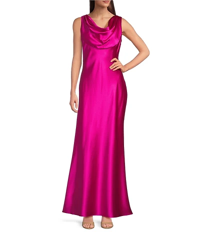 Eliza J Satin Cowl Drape Long Dress