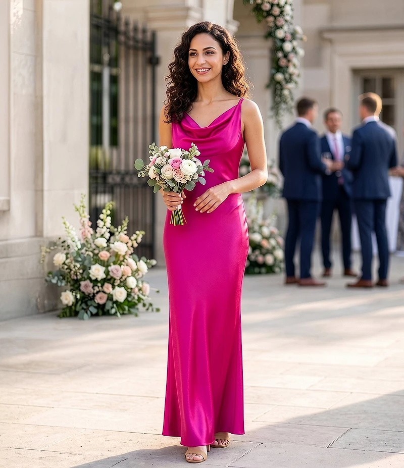 Eliza J Satin Cowl Drape Long Dress