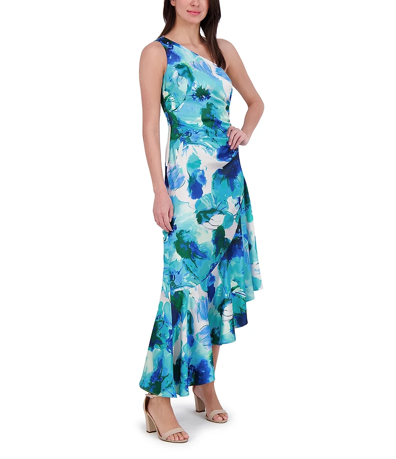 Eliza J Satin Floral Print One-Shoulder Neck Sleeveless Ruffle Asymmetrical Hem Midi Dress