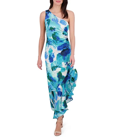 Eliza J Satin Floral Print One-Shoulder Neck Sleeveless Ruffle Asymmetrical Hem Midi Dress