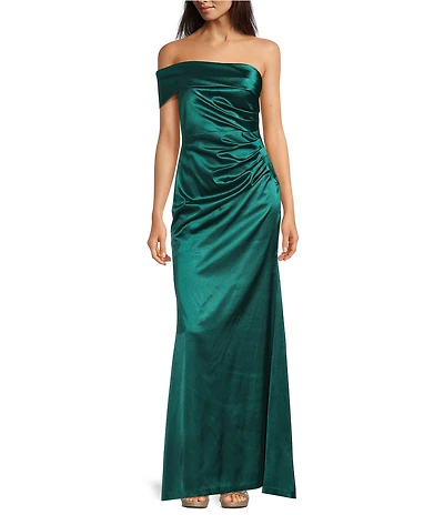 Eliza J Satin Off The Shoulder One Sleeve Pleated Gown