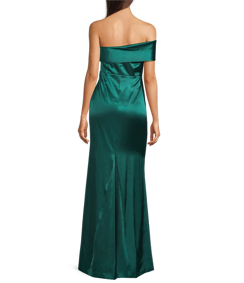 Eliza J Satin Off The Shoulder One Sleeve Pleated Gown