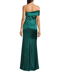 Eliza J Satin Off The Shoulder One Sleeve Pleated Gown