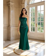 Eliza J Satin Off The Shoulder One Sleeve Pleated Gown