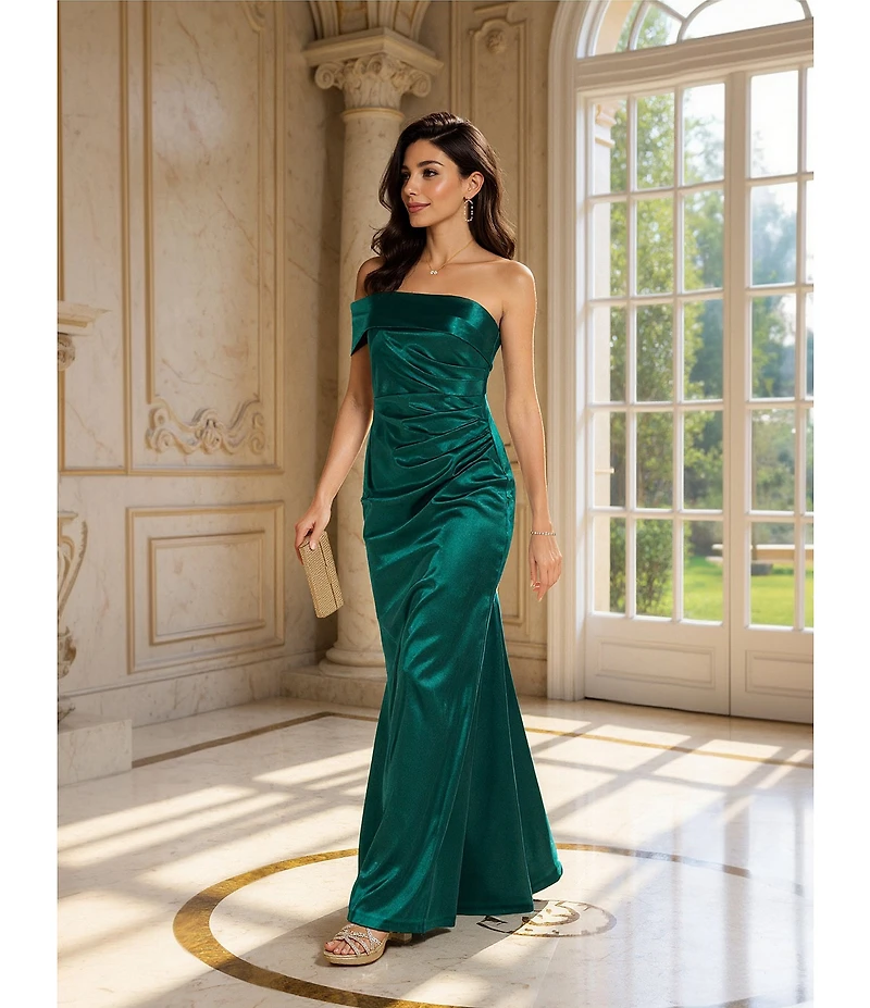 Eliza J Satin Off The Shoulder One Sleeve Pleated Gown