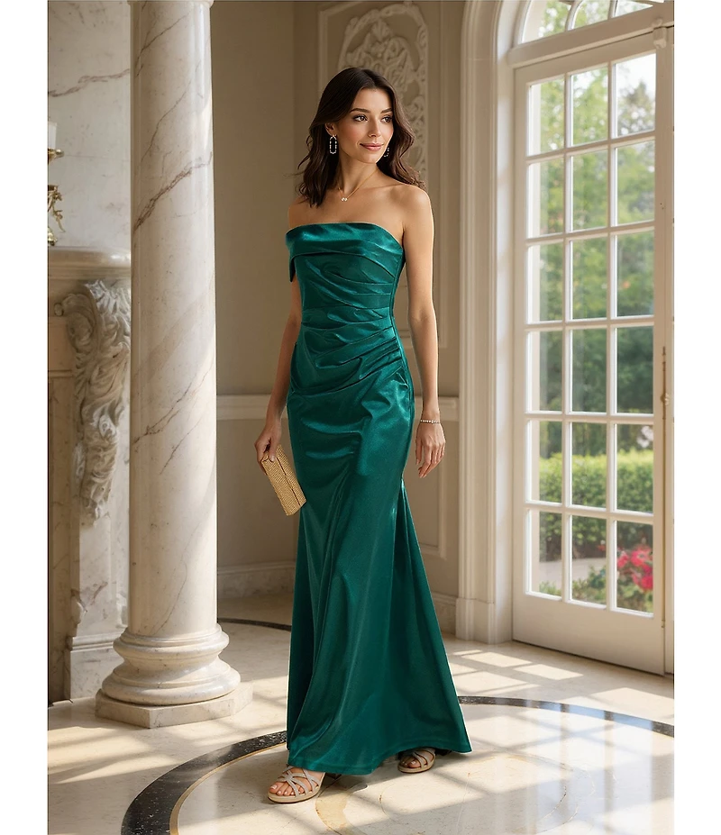 Eliza J Satin Off The Shoulder One Sleeve Pleated Gown