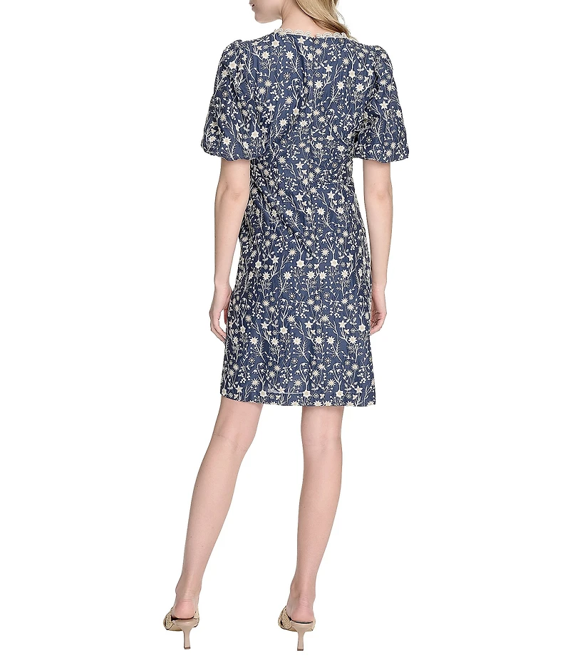 Eliza J Scallop V-Neck Puff Sleeve Embroidered Denim A-Line Dress