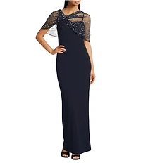 Eliza J Scuba Beaded Twist Overlay Sleeveless Gown