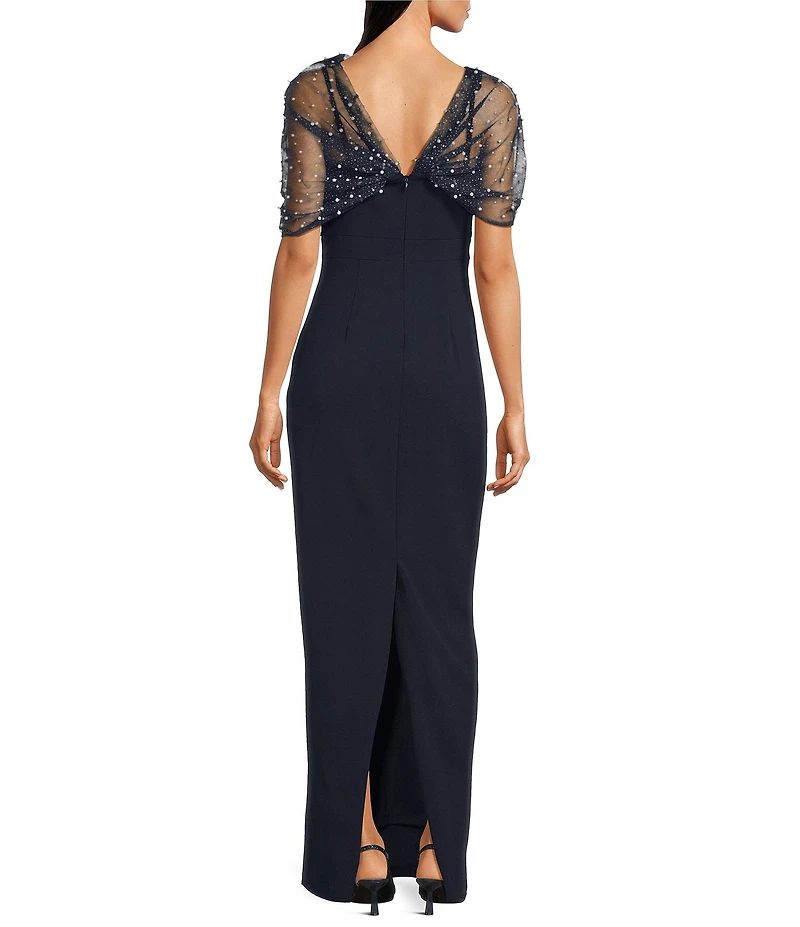 Eliza J Scuba Beaded Twist Overlay Sleeveless Gown