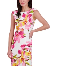 Eliza J Scuba Crepe Floral Print Boat Neck Cap Sleeve Sheath Midi Dress