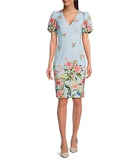 Eliza J Scuba Crepe Floral Print V-Neck Short Puff Sleeve Sheath Mini Dress