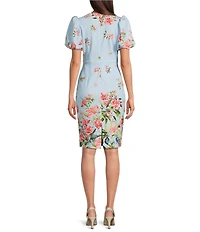 Eliza J Scuba Crepe Floral Print V-Neck Short Puff Sleeve Sheath Mini Dress
