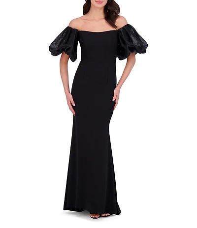 Eliza J Scuba Crepe Off-The-Shoulder Neck Organza Short Puff Sleeve Gown