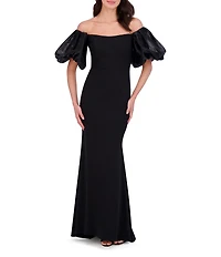Eliza J Scuba Crepe Off-The-Shoulder Neck Organza Short Puff Sleeve Gown