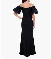 Eliza J Scuba Crepe Off-The-Shoulder Neck Organza Short Puff Sleeve Gown