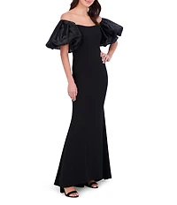 Eliza J Scuba Crepe Off-The-Shoulder Neck Organza Short Puff Sleeve Gown