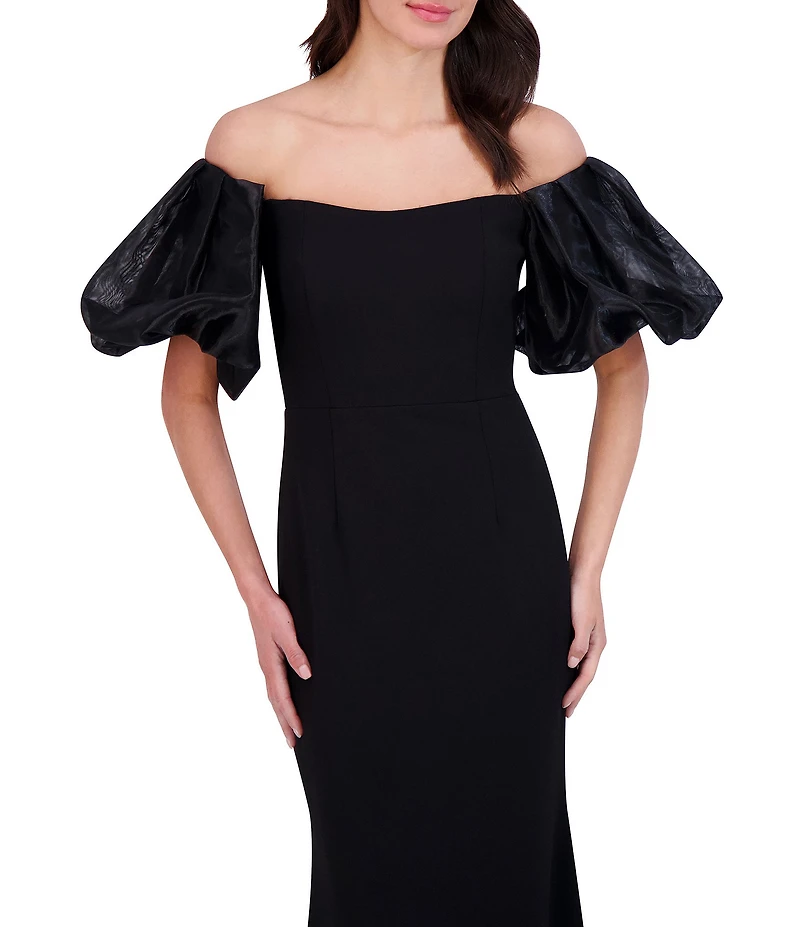 Eliza J Scuba Crepe Off-The-Shoulder Neck Organza Short Puff Sleeve Gown