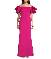 Eliza J Scuba Off-The-Shoulder Ruffle Short Sleeve Fit & Flare Gown