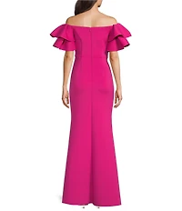 Eliza J Scuba Off-The-Shoulder Ruffle Short Sleeve Fit & Flare Gown