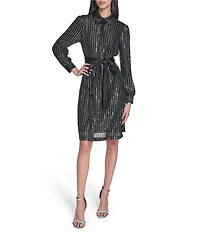 Eliza J Sequin Collared Long Sleeve A-Line Shirt Dress