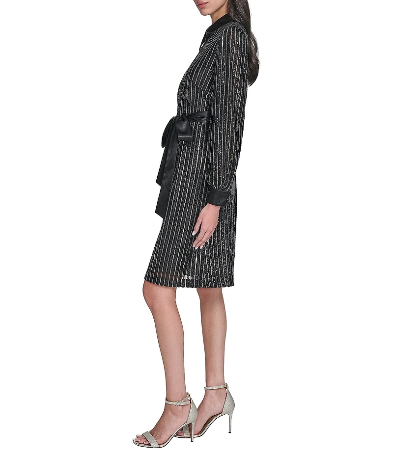 Eliza J Sequin Collared Long Sleeve A-Line Shirt Dress