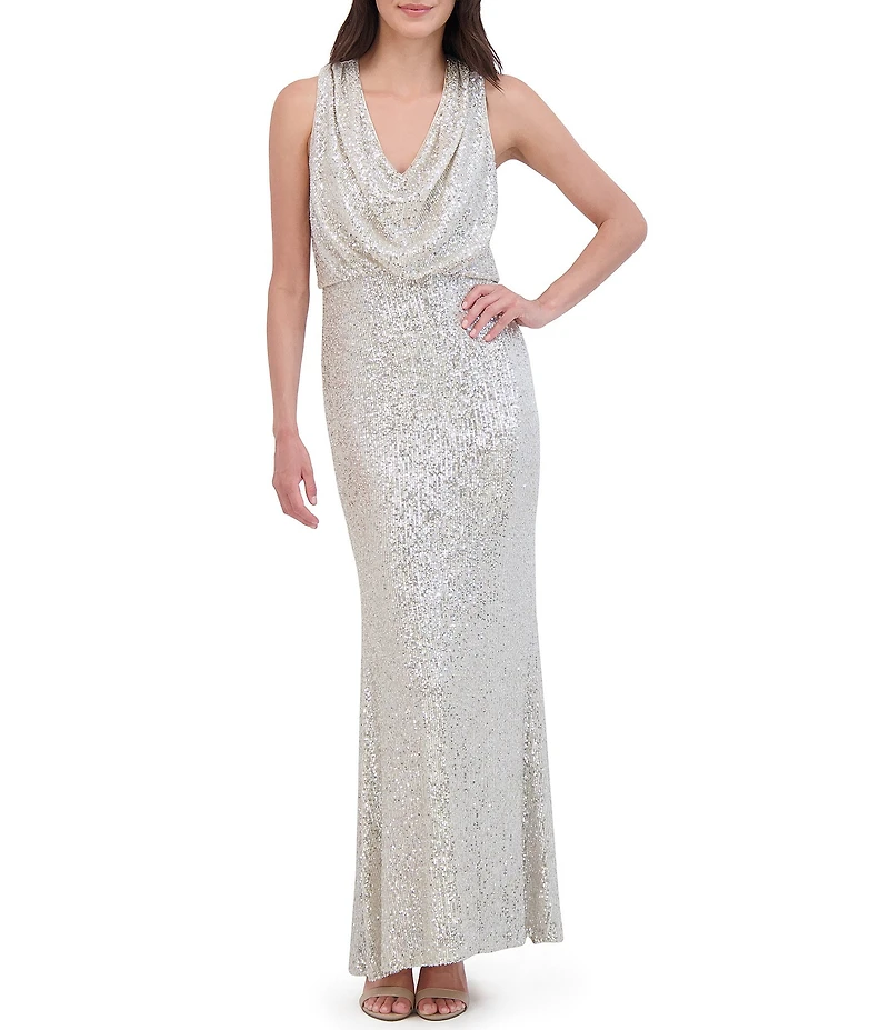Eliza J Sequin Cowl Neck Sleeveless Blouson Gown