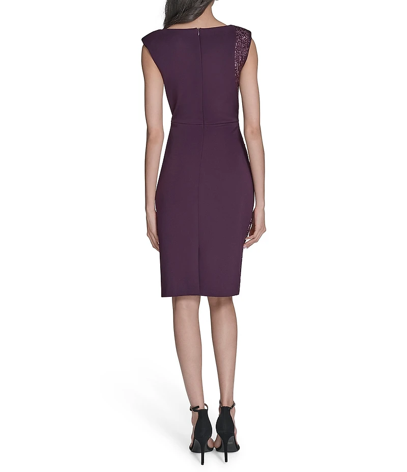 Eliza J Sequin Crew Neck Cap Sleeve Side Tuck Side Beading Sheath Dress
