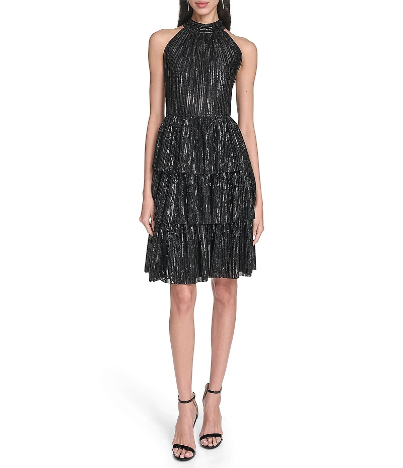 Eliza J Sequin Halter Mock Neck Tiered A-Line Dress