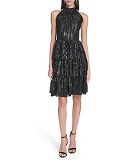 Eliza J Sequin Halter Mock Neck Tiered A-Line Dress