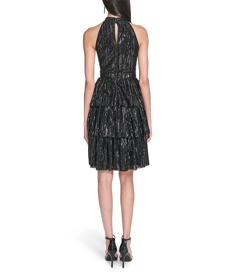 Eliza J Sequin Halter Mock Neck Tiered A-Line Dress