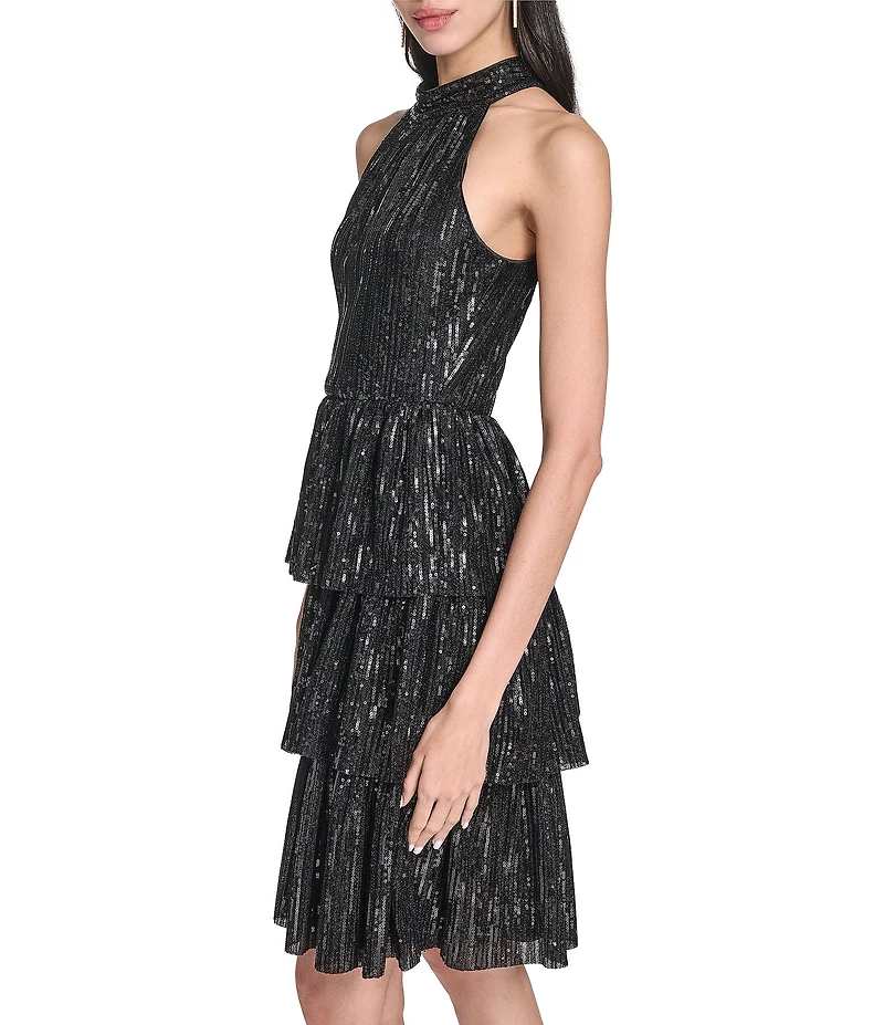 Eliza J Sequin Halter Mock Neck Tiered A-Line Dress