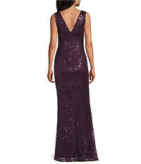 Eliza J Sequin Lace Boat Neck Sleeveless Ruffle Front Slit Gown