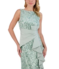 Eliza J Sequin Lace Boat Neck Sleeveless Ruffle Front Slit Gown