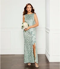 Eliza J Sequin Lace Boat Neck Sleeveless Ruffle Front Slit Gown
