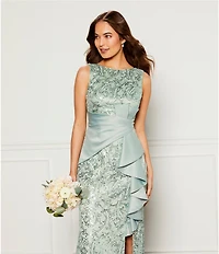 Eliza J Sequin Lace Boat Neck Sleeveless Ruffle Front Slit Gown