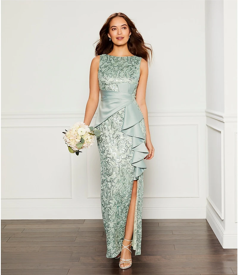 Eliza J Sequin Lace Boat Neck Sleeveless Ruffle Front Slit Gown