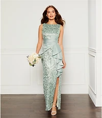 Eliza J Sequin Lace Boat Neck Sleeveless Ruffle Front Slit Gown