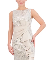 Eliza J Sequin Lace Boat Neck Sleeveless Ruffle Front Slit Gown