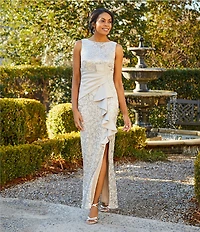 Eliza J Sequin Lace Boat Neck Sleeveless Ruffle Front Slit Gown
