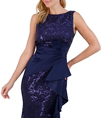 Eliza J Sequin Lace Boat Neck Sleeveless Ruffle Front Slit Gown
