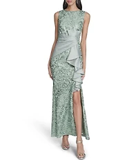 Eliza J Sequin Lace Satin Crew Neck Sleeveless Ruffle Gathered Front Dress