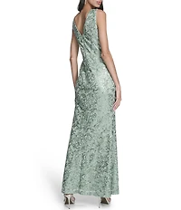 Eliza J Sequin Lace Satin Crew Neck Sleeveless Ruffle Gathered Front Dress