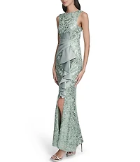 Eliza J Sequin Lace Satin Crew Neck Sleeveless Ruffle Gathered Front Dress