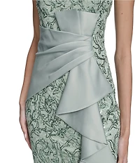 Eliza J Sequin Lace Satin Crew Neck Sleeveless Ruffle Gathered Front Dress