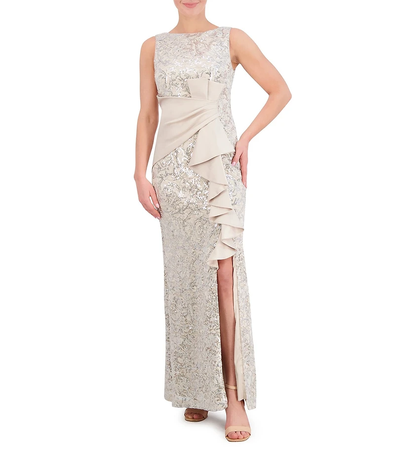 Eliza J Sequin Lace Satin Crew Neck Sleeveless Ruffle Gathered Front Dress